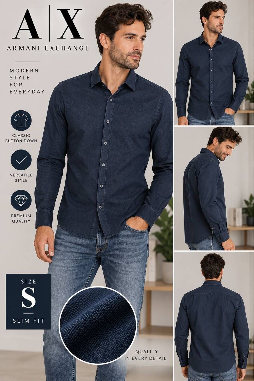 Armani Exchange A|X Men’s Small Navy Blue Slim Fit Button Down Shirt Cotton